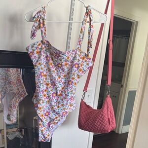 SHEIN Floral One Piece Swimsuit - White and Pink